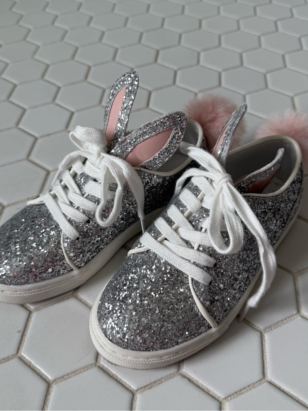 Kids Silver Glitter Bunny Ear Sneakers with Pink Pom Pom